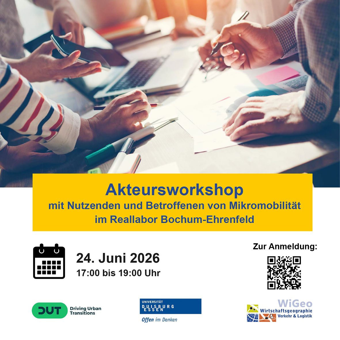 Banner for the stakeholder workshop on micromobility in the Bochum-Ehrenfeld living lab
